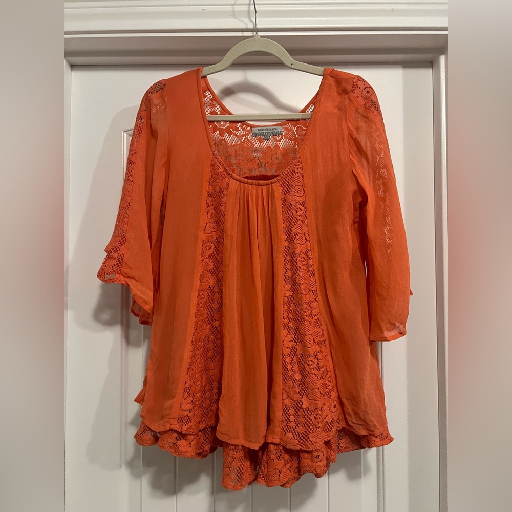 Cost Plus World Market Orange Lace Boho Tunic Top S/M Crochet Sheer Festival